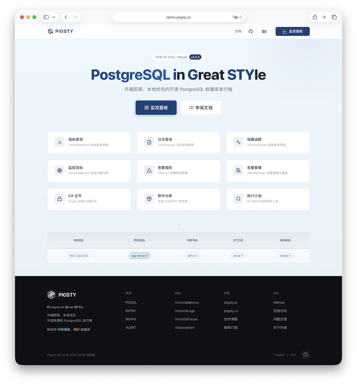 Pigsty online demo homepage